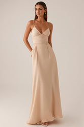 Aprikose Spaghettiträger Maxi Abendkleid